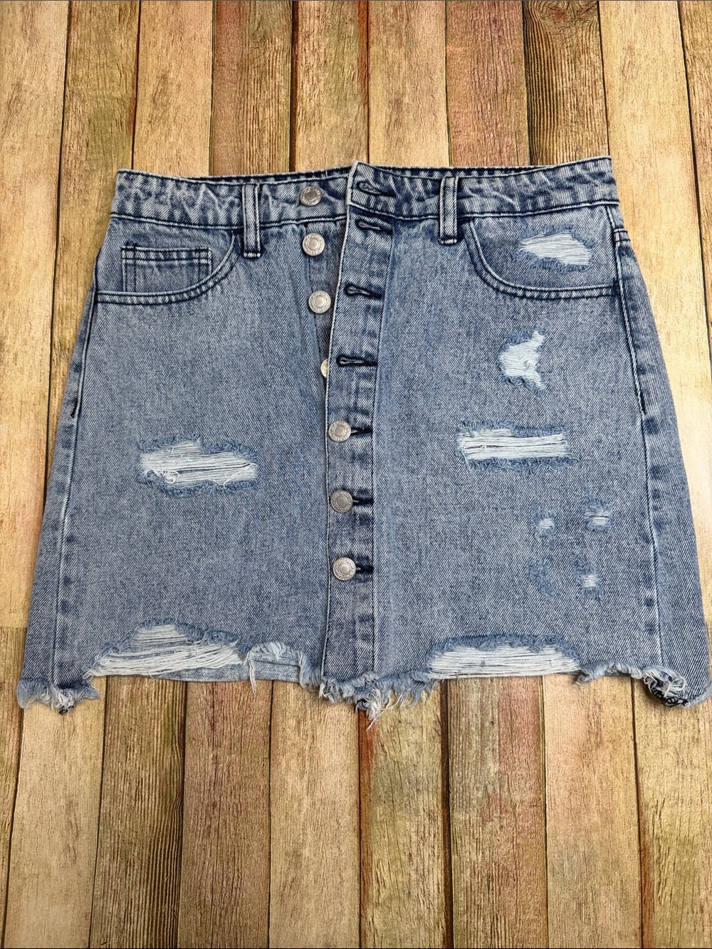 Distressed Button-Front Denim Skirt - Light Blue